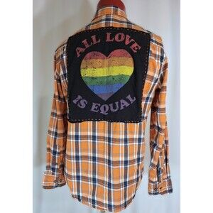 Upcycled Sz Large Orange Flannel Pride Ally Simple Embroidery All love is Equal
